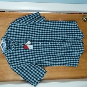 Izod Yucca Short Sleeve Button Up Shirt Men's Sz M NWT / Navy & Aqua Gingham
